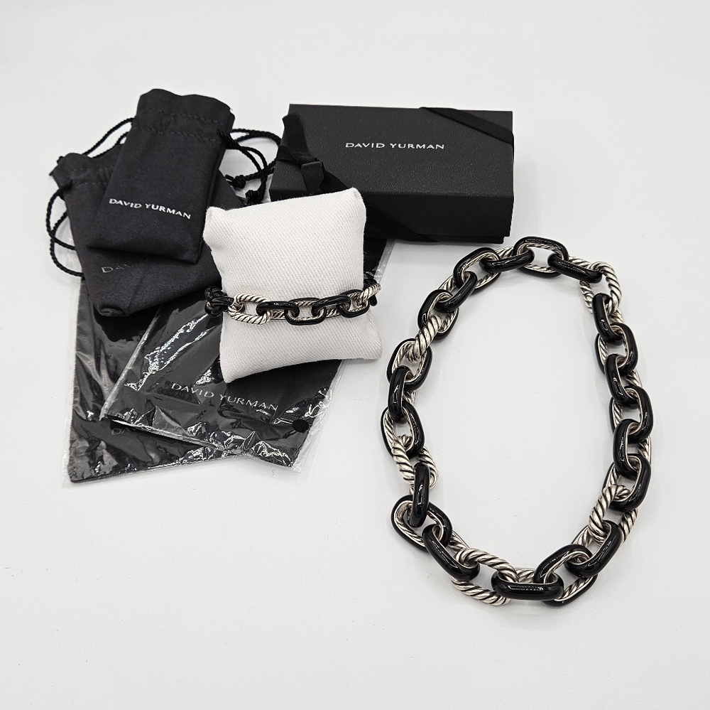 David Yurman Madison Silver & Black Enamel Necklace & Bracelet Set